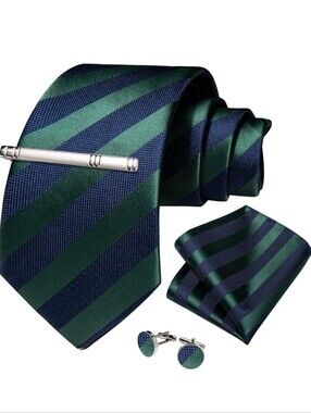 Men's Green and Navy Diagonal Stripe Tie Set with Pocket Square and Cufflinks